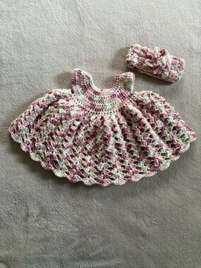 Handmade Crochet Baby Dress and Headband - Pink and Cream
